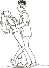 Hugging couple . Continuous line drawing