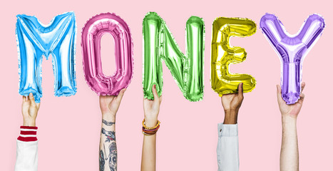 Hands showing money balloons word