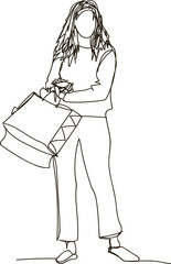 shopping woman with bags. Continuous line art