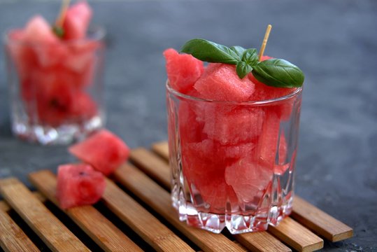 Healthy snack or dessert, sliced watermelon in a glass. Summer concept