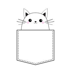 Cat in the pocket. Doodle linear sketch. Pink cheeks. Cute cartoon animals. Kitten kitty character. Dash line. Pet animal. White and black color. T-shirt design. Baby background. Isolated. Flat
