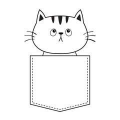 Obraz premium Cat in the pocket looking up. Doodle linear sketch. Cute cartoon animals. Kitten kitty character. Dash line. Pet animal. White and black color. T-shirt design. Baby background. Isolated. Flat