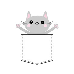 Gray cat in the pocket. Holding hands up. Cute cartoon animals. Kitten kitty character. Dash line. Pet animal . White background. T-shirt design. Baby collection. Flat design