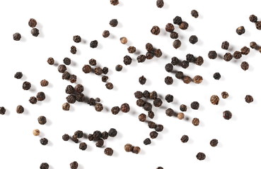 Black pepper pile, peppercorn isolated on white background, top view