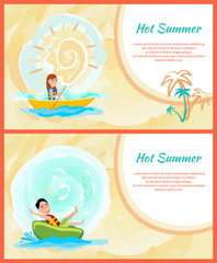 Hot Summer Colorful Cards, Active Rest on Sea