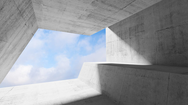 White concrete interior with blue cloudy sky