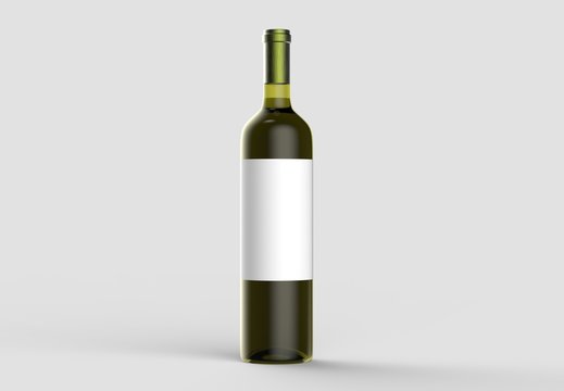 Wine bottle mock up with blank white label. Isolated on light gray background. 3D illustration.