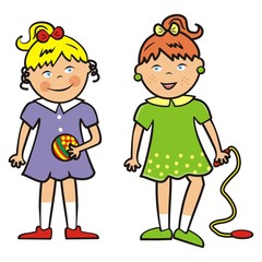 two girls with ball and rope, two girls with ball and rope.eps