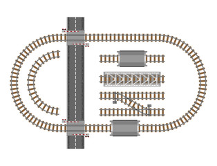 Vector illustration of railway parts grey rails maintenance concrete technology build equipment metro engineering construction.