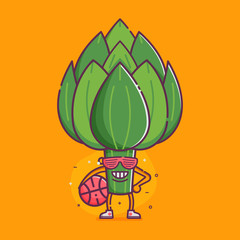 Funny cartoon artichoke character, humanized vegetable doing sport sticker or poster. Smiling basketball player ready to play. Healthy vegan and vegetarian food character in sunglasses and sneakers.