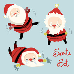 Set of funny cartoon Santa Claus in various emotion. Cute character design. Vector illustration using for card, logo, banner or template.