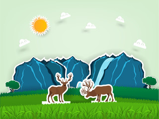 Obraz na płótnie Canvas Illustration vector design concept of animal wildlife deers in pop up paper book, grass field scene with deers in paper craft design