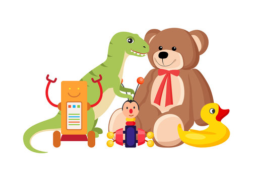 Teddy Bear and Dinosaur Set Vector Illustration