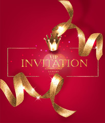 VIP invitation vintage card with gold ribbons and crown. Vector illustration