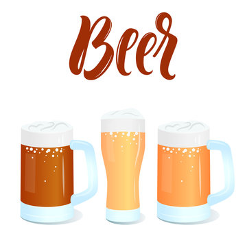 Beer menu template with vector glasses of beer and lettering sign.
