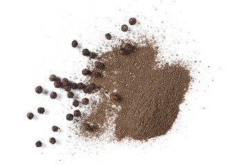 Black ground pepper powder pile with grains, peppercorn isolated on white background, top view