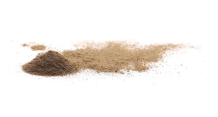 Ground black pepper powder pile, peppercorn isolated on white background