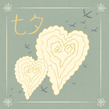 Chinese Valentines Day. Double Seven Festival. 17 August. Chinese holiday. Tale, legend. Chinese style hand drawn. Heart Shaped Cloud, magpies. Translation from Chinese - Qixi Festival