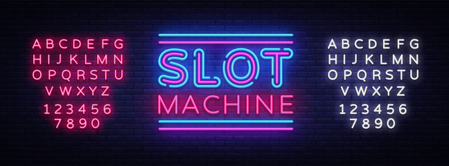 Slot Machine sign vector design template. Slot Machine neon logo, light banner design element colorful modern design trend, night bright advertising, bright sign. Vector. Editing text neon sign