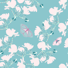 Magnolias Floral seamless pattern. Vanilla mint botanical blooming Motifs scattered random. Seamless vector texture. Printing with in hand drawn style in mint background.