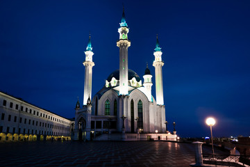 The Kul Sharif Mosque at night.