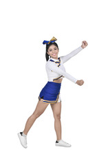 Fototapeta na wymiar Young asian cheerleader in blue and white suit