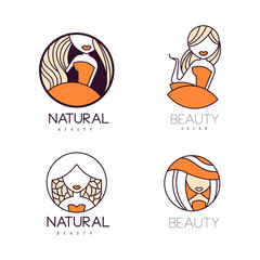 Set of original logos for beauty salon. Linear labels with orange fill. Stylish vector emblems with women silhouettes