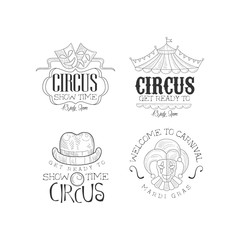 Obraz premium Vector set of sketch style emblems for circus and Mardi Gras carnival. Original hand drawn logos for advertising banner, poster or flyer
