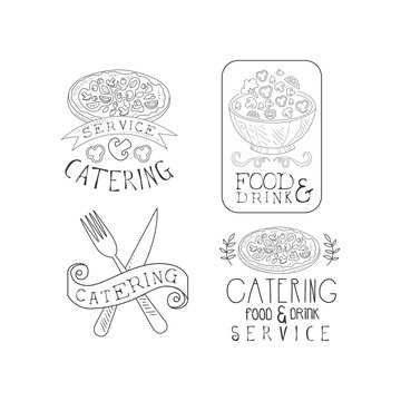 Black and white vector emblems for professional catering companies. Food service. Hand drawn logos with pizza, salad bowl and cutlery