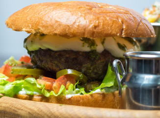 Beer and snacks. Burger and fries. Hamburger and chips. 