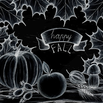 Happy fall. Concept of the holiday of autumn and harvest. Hand drawing. The leaves of the trees are maple, oak. Pumpkin, apple, mushroom, dog rose, fizalis, acorns, wheat