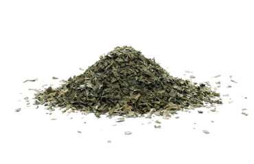 Sliced and cut dry celery leaves pile, isolated on white background