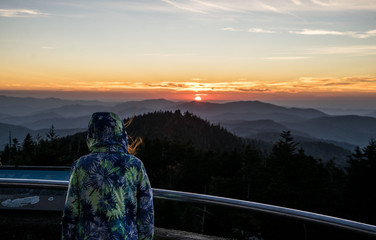 Great Smoky Mountain Inspiration Image With Young Female Looking Off Into Distance From Clingmans Dome Observation Tower.