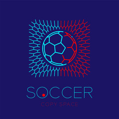 Soccer ball in goal logo icon outline stroke set dash line design illustration isolated on dark blue background with soccer text and copy space - 213757484