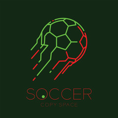 Soccer ball shooting logo icon outline stroke set dash line design illustration isolated on dark green background with soccer text and copy space - 213757490