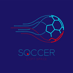 Soccer ball shooting logo icon outline stroke set dash line design illustration isolated on dark blue background with soccer text and copy space