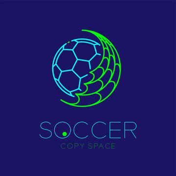 Soccer ball with net logo icon outline stroke set dash line design illustration isolated on dark blue background with soccer text and copy space