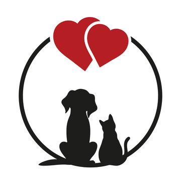 Round sighn, can use for pet shop logo, veterinary clinic, etc. Cat and dog silhouettes on a white background