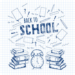 Back to school. Vector education illustration. Hand drawn books, clock