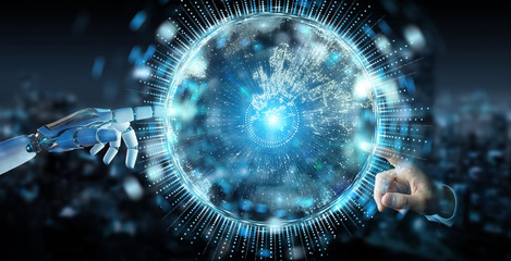 White humanoid hand using globe network hologram with Europe map 3D rendering