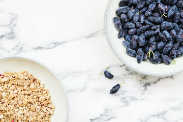 Fresh ripe honeysuckle berries in a ceramic bowl and bowl of muesli on a grey marble table