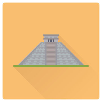 Kukulkan pyramid at Chichen Itza, Mexico, flat design long shadow vector illustration