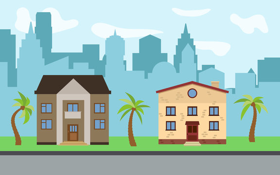 Vector city with two two-story cartoon houses and palm trees in the sunny day. Summer urban landscape. Street view with cityscape on a background
