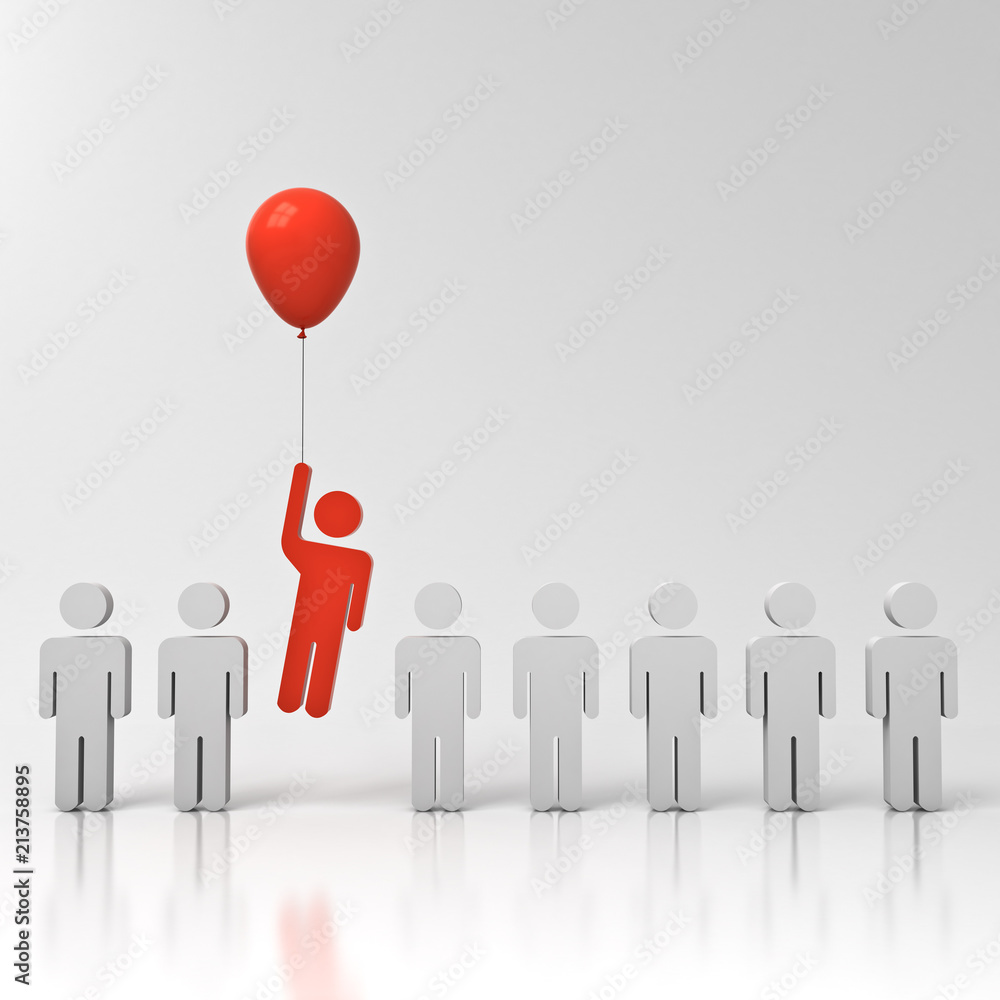 Fototapete stand out from the crowd and different creative idea concept one man flying away from other people w