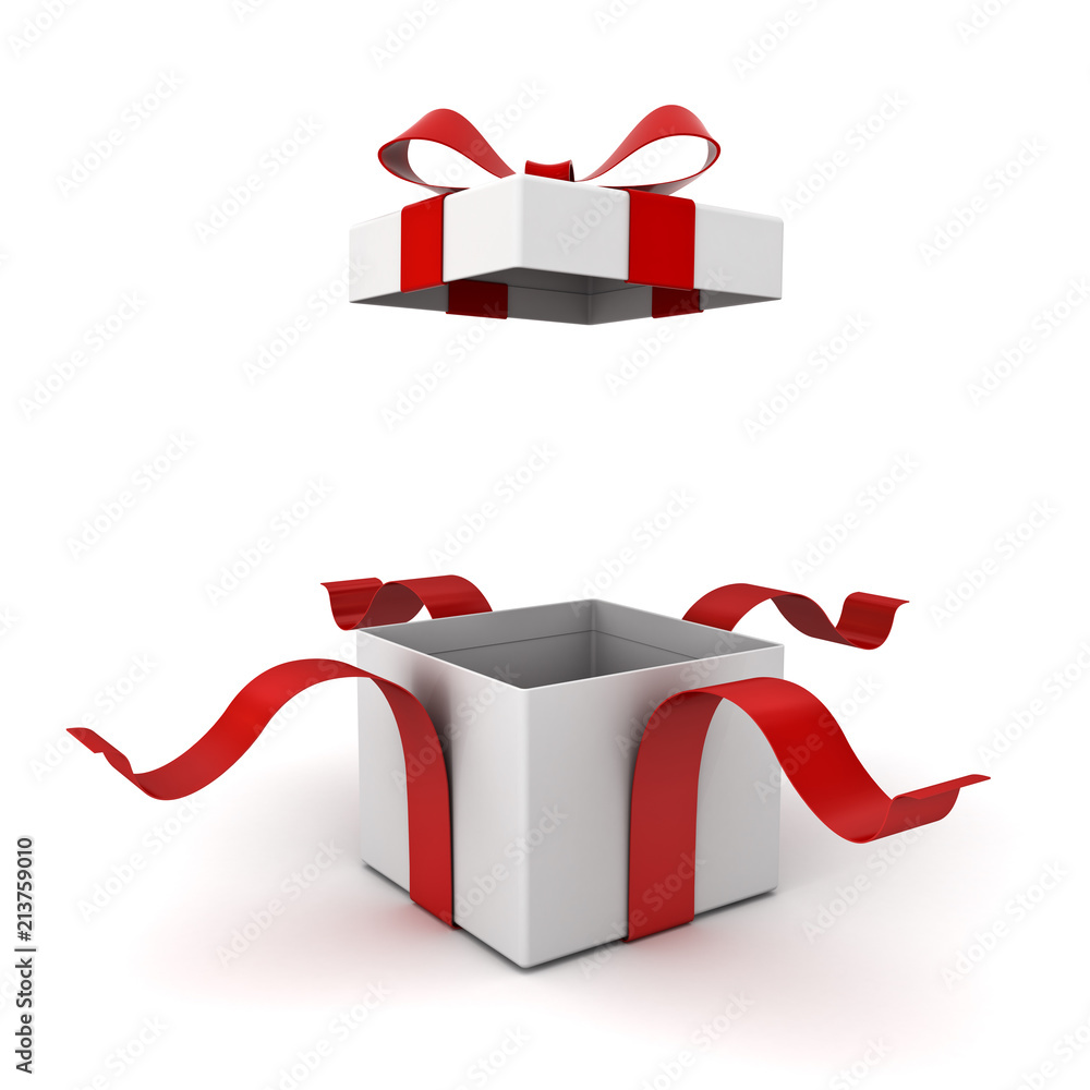 Poster open gift box present box with red ribbon bow isolated on white background with shadow 3d rendering