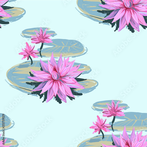 Vector Sketch Realistic Seamless Pattern Of Lotus Flowers