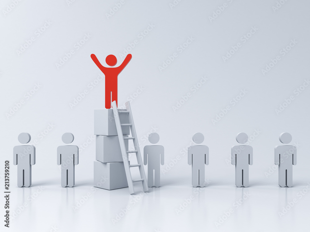 Poster Stand out from the crowd and different concept One man standing with arms wide open on top of the boxes with ladder above other people on white background with reflection and shadow 3D rendering