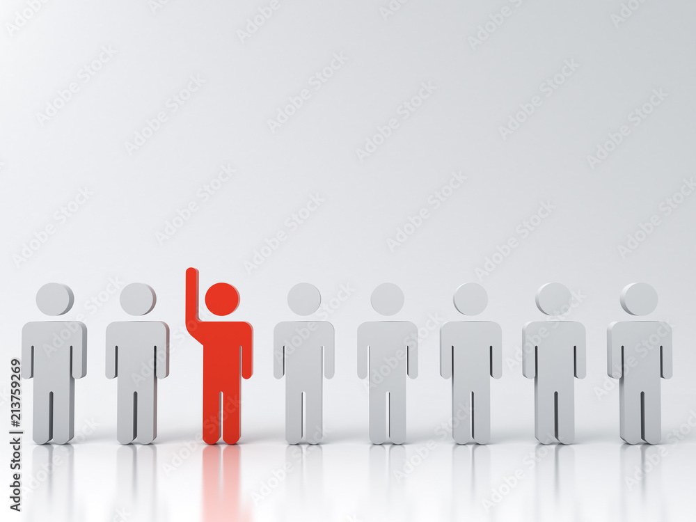 Poster stand out from the crowd and different creative idea concepts one red man raising his hand among oth
