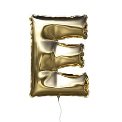 Letter E made of golden inflatable balloon isolated on white background