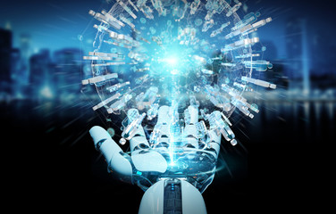 White robot hand using digital globe to connect people 3D rendering